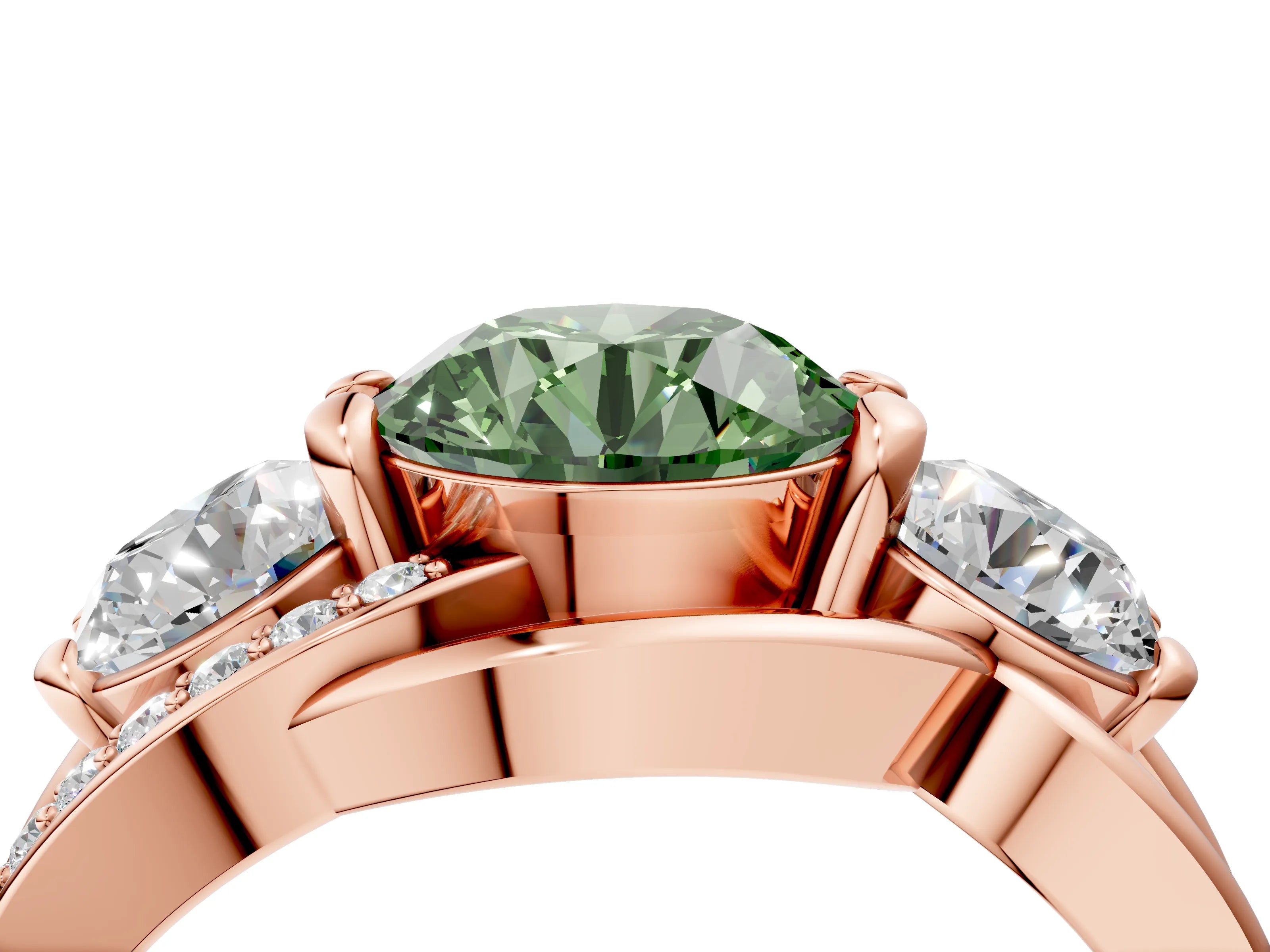 Rose gold Three-Stone Fancy Green Round Cut Cut Diamond Split Shank Prong Set Ring_4
