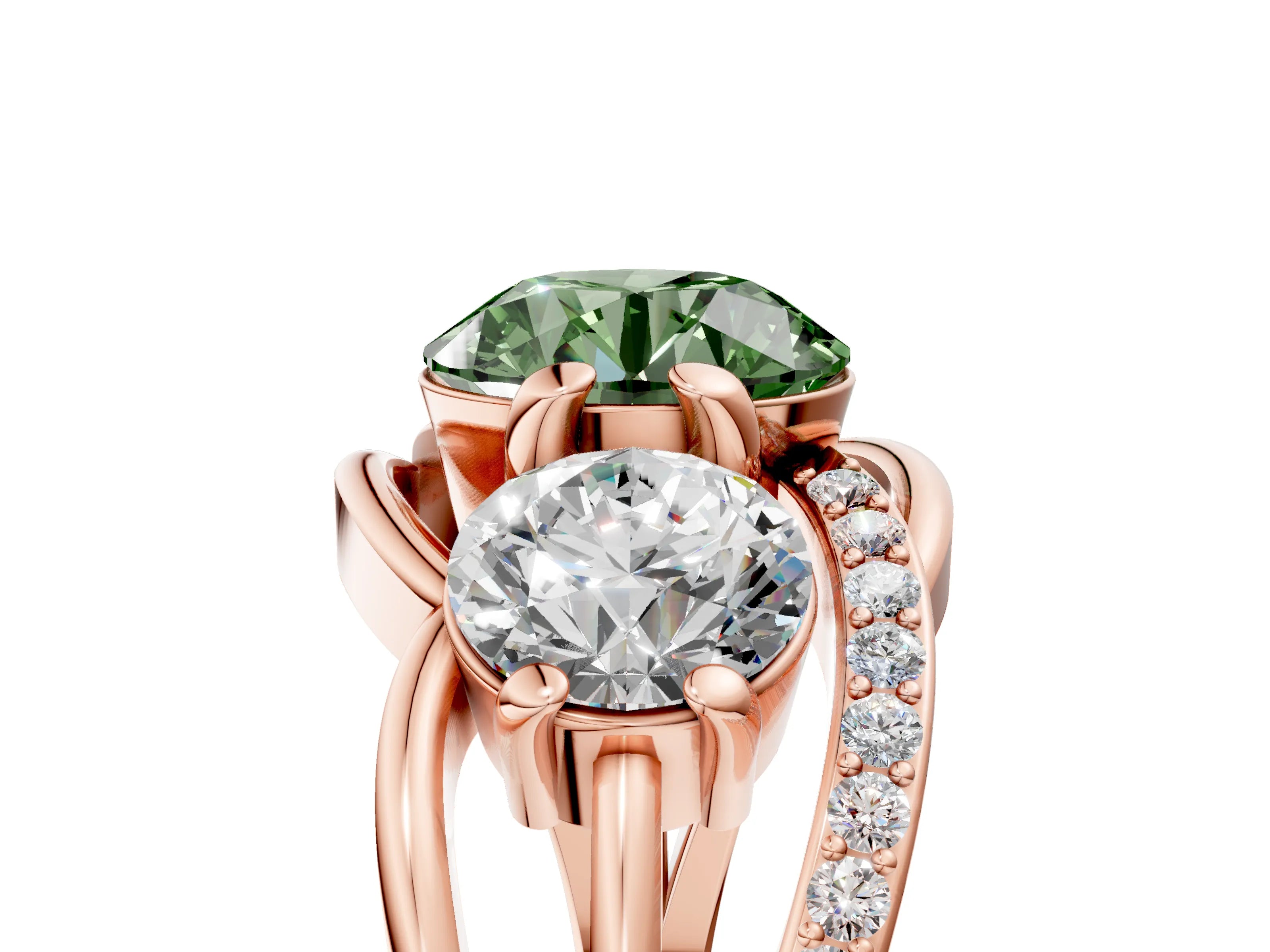 Rose gold Three-Stone Fancy Green Round Cut Cut Diamond Split Shank Prong Set Ring_5