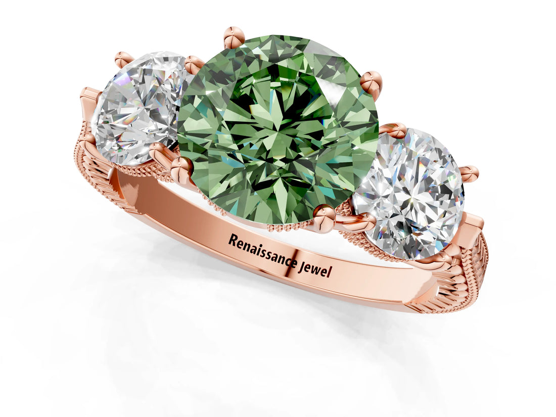 Rose gold Three-Stone Fancy Green Round Cut Cut Milgrain Band Prong Setting Ring