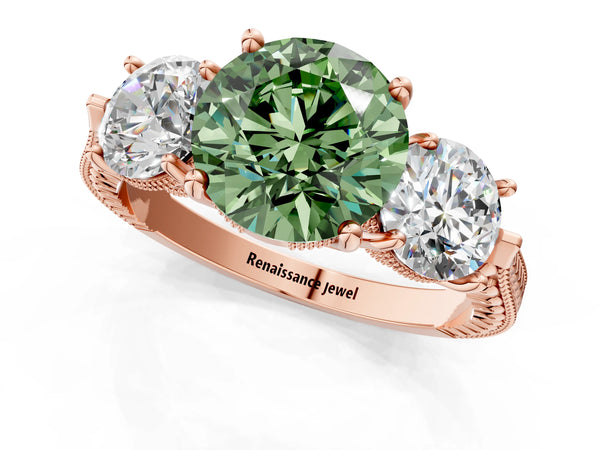 Rose Gold Round Vintage Three Stone Engagement Ring Setting for Fancy Green Center