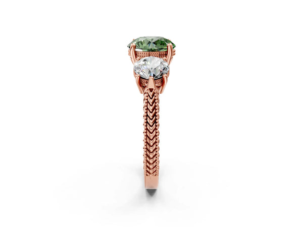 Rose Gold Round Vintage Three Stone Engagement Ring Setting for Fancy Green Center