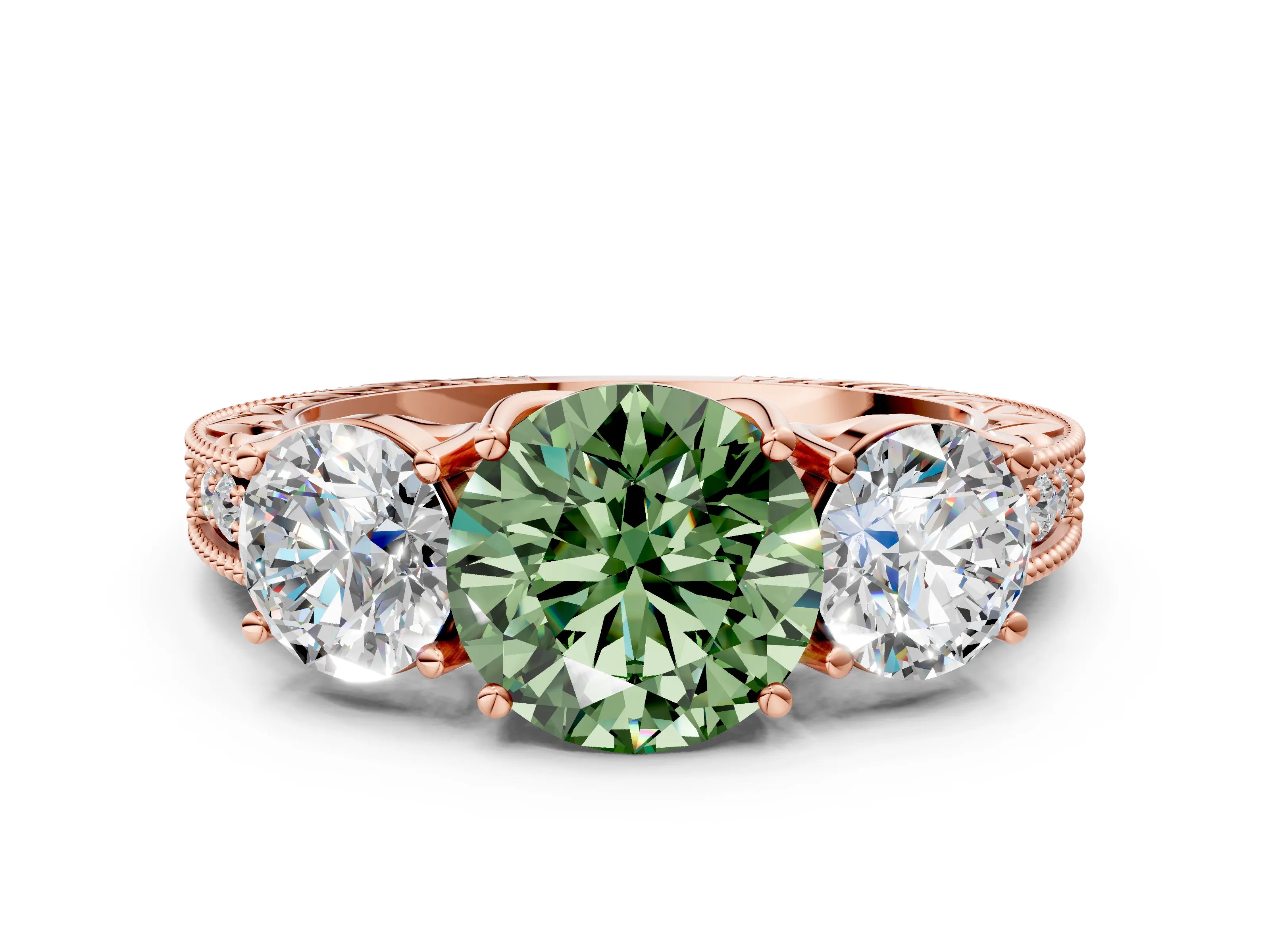 Rose gold Three-Stone Fancy Green Round Cut Cut Milgrain Pavé Engagement Ring