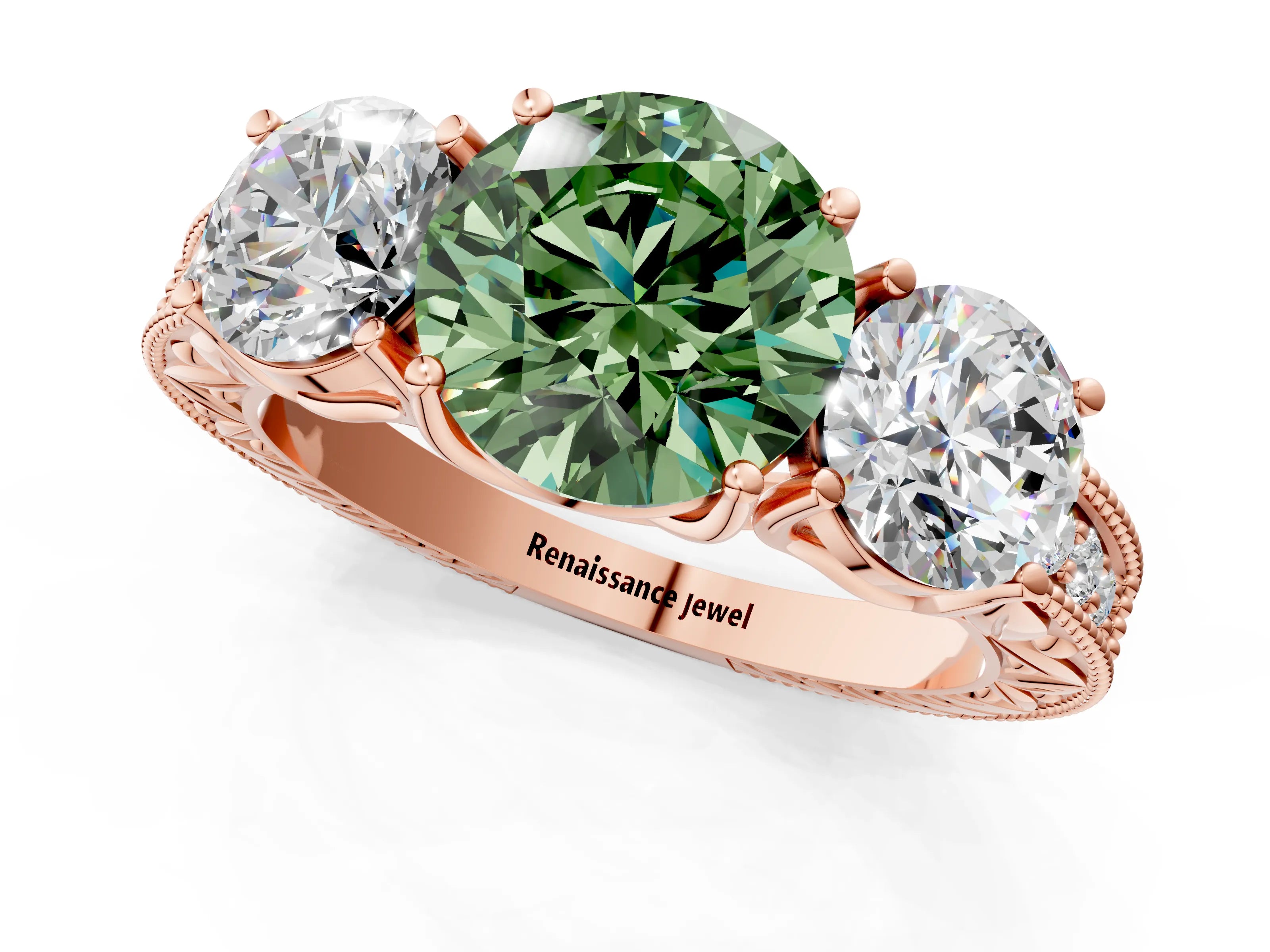 Rose gold Three-Stone Fancy Green Round Cut Cut Milgrain Pavé Engagement Ring_13