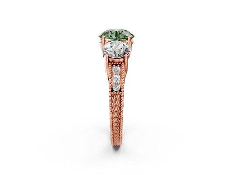 Rose gold Three-Stone Fancy Green Round Cut Cut Milgrain Pavé Engagement Ring_14