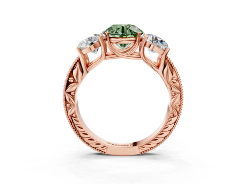 Rose gold Three-Stone Fancy Green Round Cut Cut Milgrain Pavé Engagement Ring_15