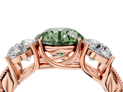 Rose gold Three-Stone Fancy Green Round Cut Cut Milgrain Pavé Engagement Ring_16