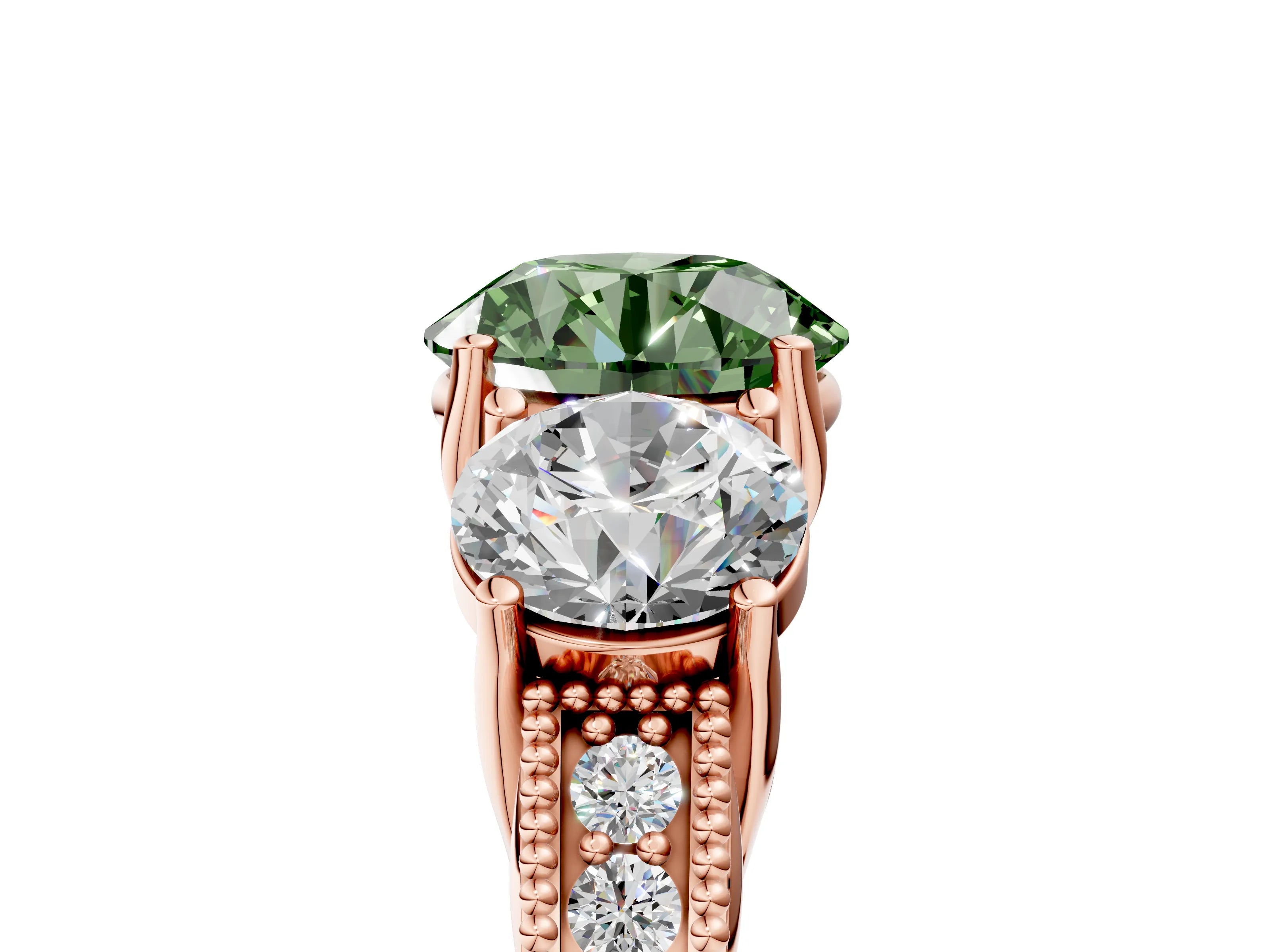 Rose gold Three-Stone Fancy Green Round Cut Cut Milgrain Pavé Engagement Ring_17
