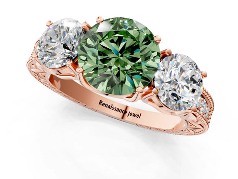 Rose gold Three-Stone Fancy Green Round Cut Cut Milgrain Pavé Engagement Ring_1