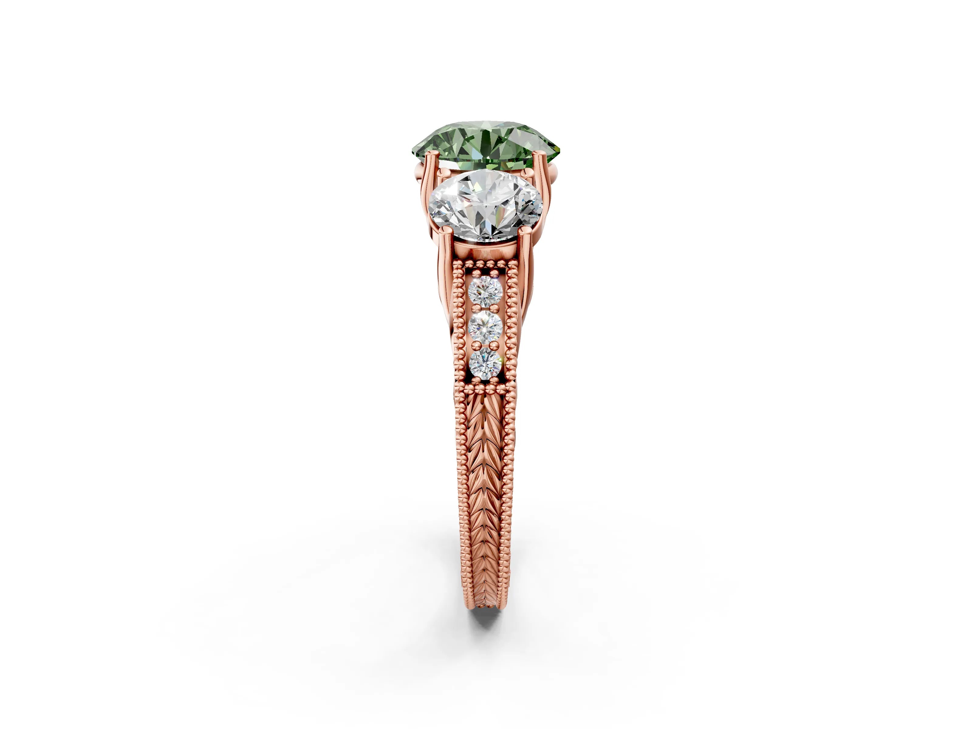 Rose gold Three-Stone Fancy Green Round Cut Cut Milgrain Pavé Engagement Ring_2