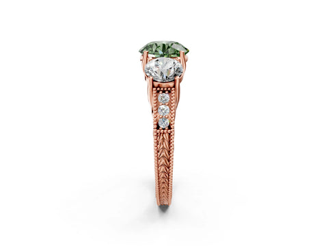 Rose gold Three-Stone Fancy Green Round Cut Cut Milgrain Pavé Engagement Ring_2