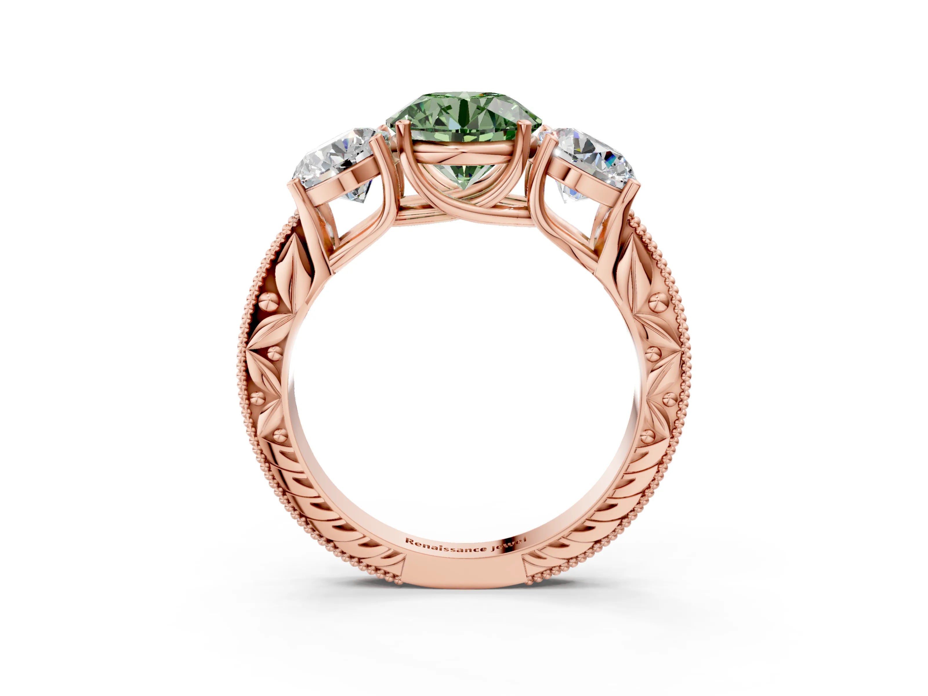 Rose gold Three-Stone Fancy Green Round Cut Cut Milgrain Pavé Engagement Ring_3