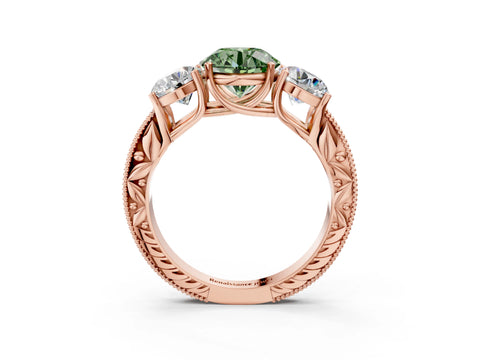 Rose gold Three-Stone Fancy Green Round Cut Cut Milgrain Pavé Engagement Ring_3
