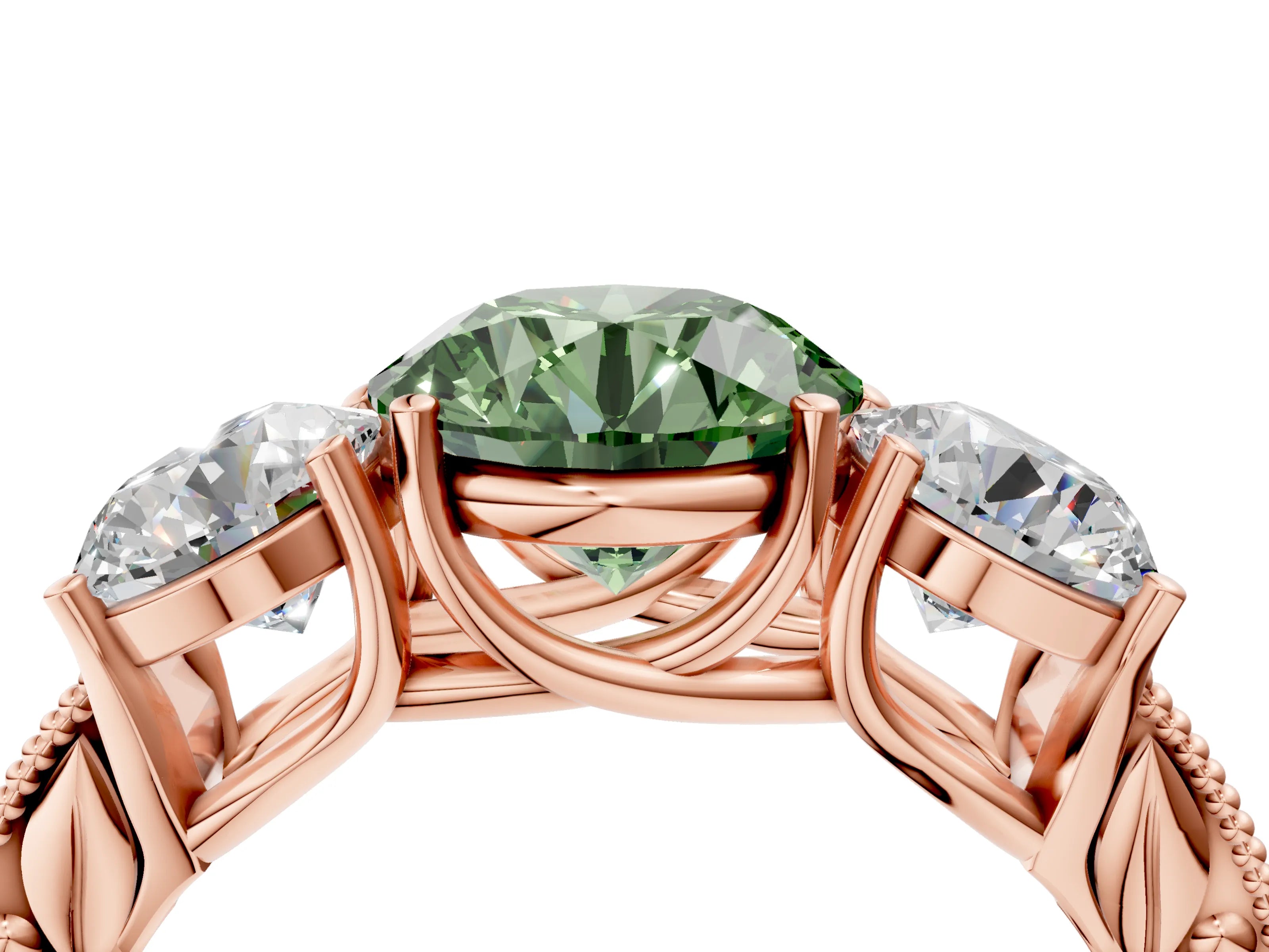 Rose gold Three-Stone Fancy Green Round Cut Cut Milgrain Pavé Engagement Ring_4