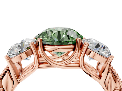 Rose gold Three-Stone Fancy Green Round Cut Cut Milgrain Pavé Engagement Ring_4