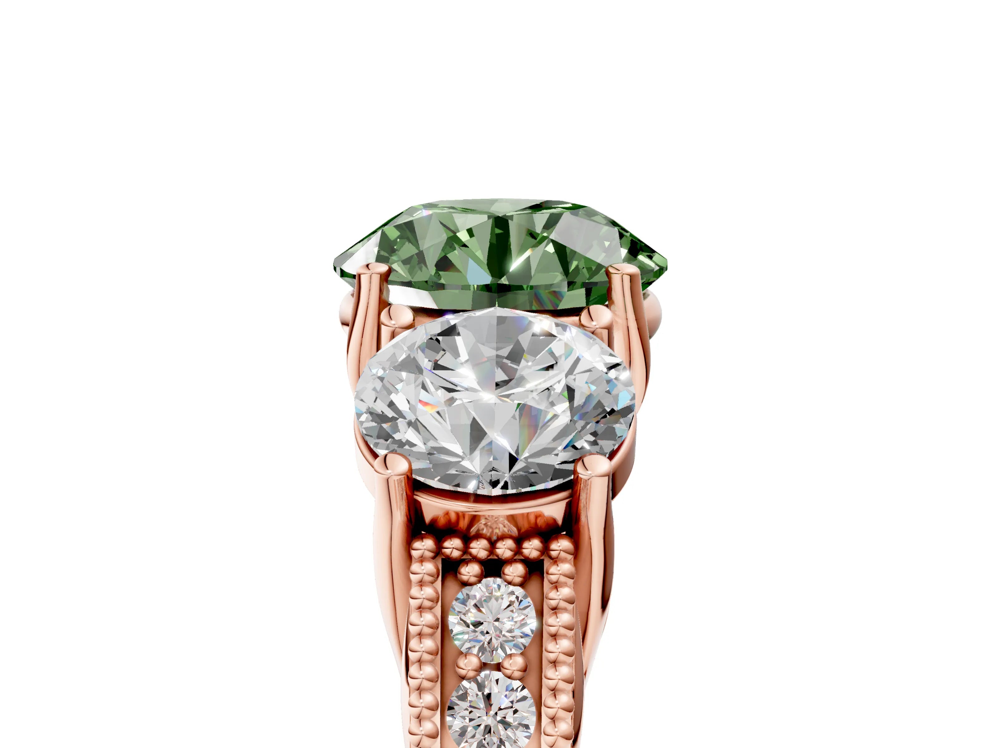 Rose gold Three-Stone Fancy Green Round Cut Cut Milgrain Pavé Engagement Ring_5