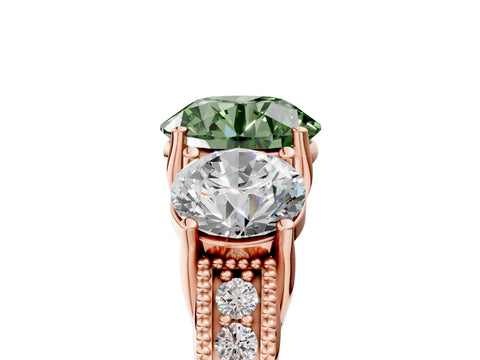 Rose gold Three-Stone Fancy Green Round Cut Cut Milgrain Pavé Engagement Ring_5