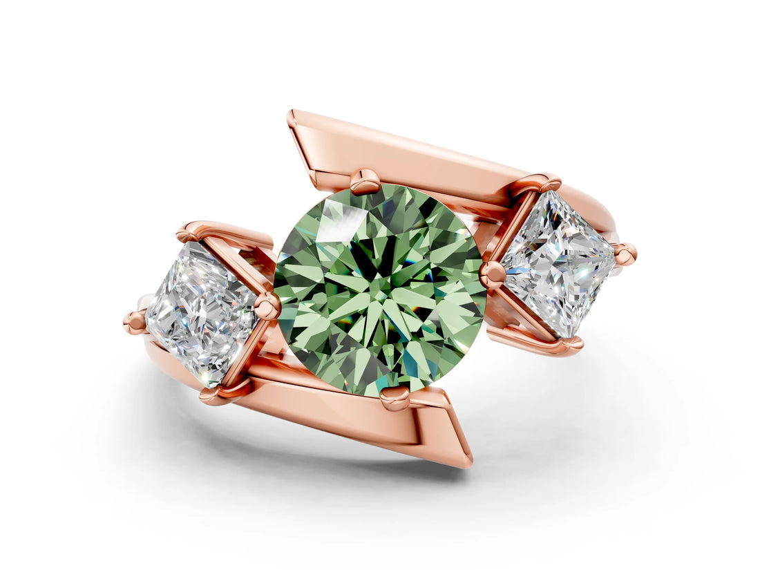 Rose gold Three-Stone Fancy Green Round Cut Cut Tension Band Ring with Four-Prong Setting