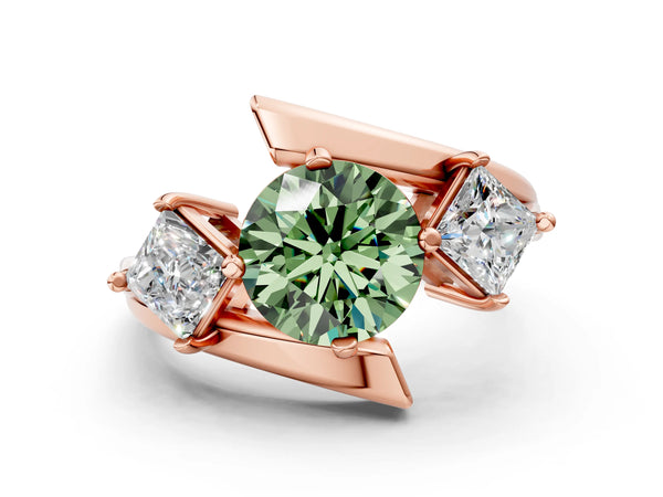Rose gold Three-Stone Fancy Green Round Cut Cut Tension Band Ring with Four-Prong Setting