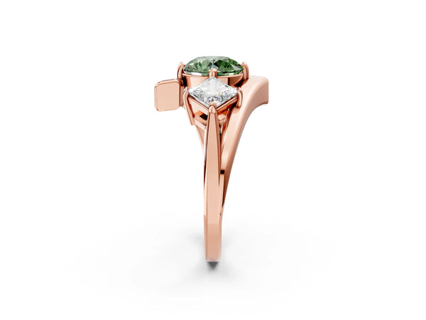 Rose gold Three-Stone Fancy Green Round Cut Cut Tension Band Ring with Four-Prong Setting