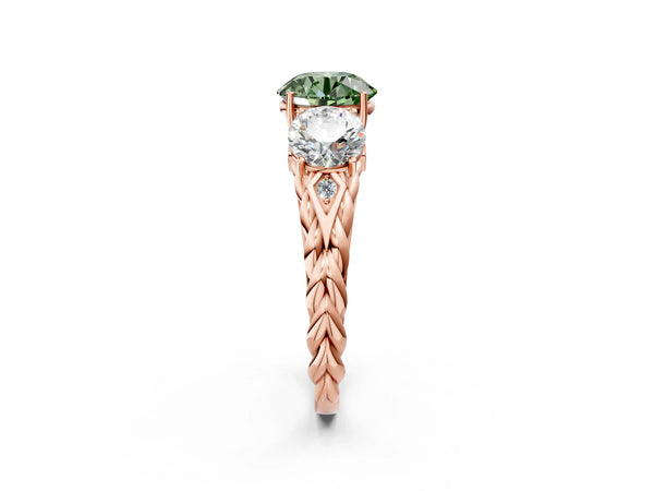 Rose Gold Round Three Stone Engagement Ring Setting for Fancy Green Center with Braided Band