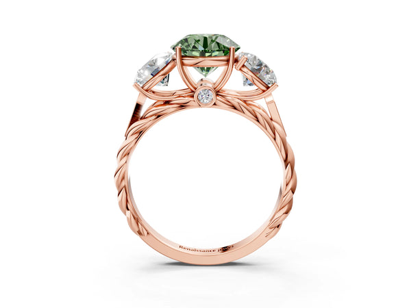 Rose Gold Round Three Stone Engagement Ring Setting for Fancy Green Center with Braided Band