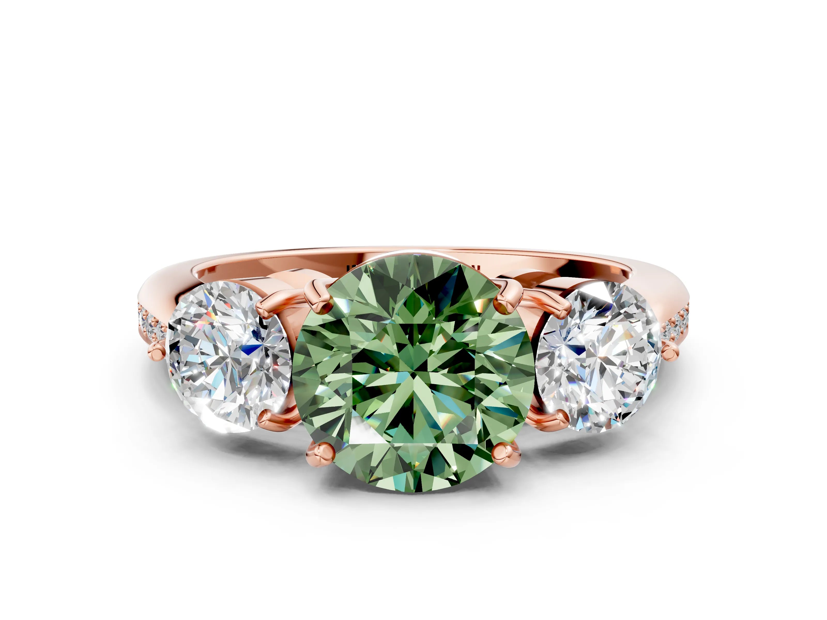 Rose gold Three-Stone Fancy Green Round Cut Diamond Channel Set Engagement Ring with Prong Setting