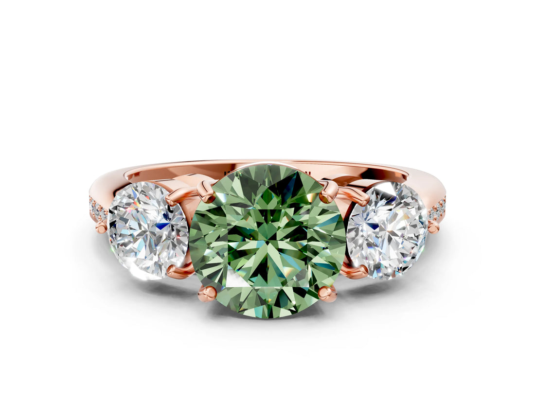 Rose gold Three-Stone Fancy Green Round Cut Diamond Channel Set Engagement Ring with Prong Setting
