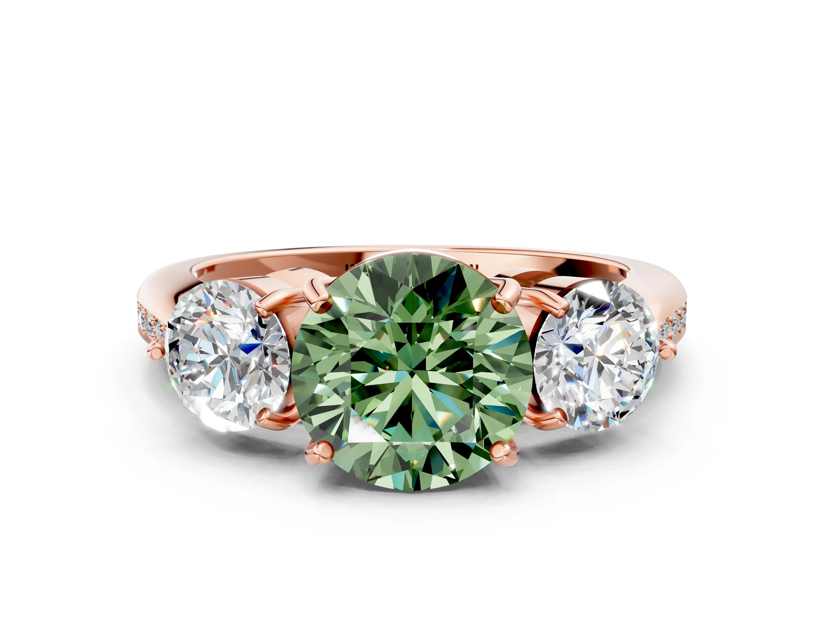 Rose gold Three-Stone Fancy Green Round Cut Diamond Channel Set Engagement Ring with Prong Setting_12