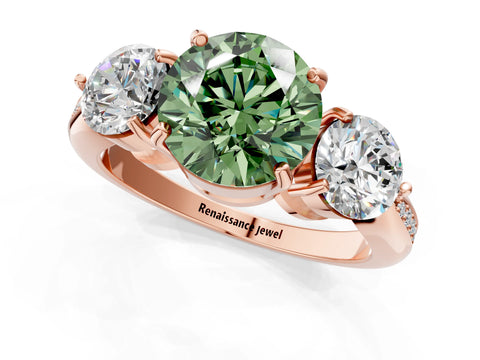 Rose gold Three-Stone Fancy Green Round Cut Diamond Channel Set Engagement Ring with Prong Setting_1