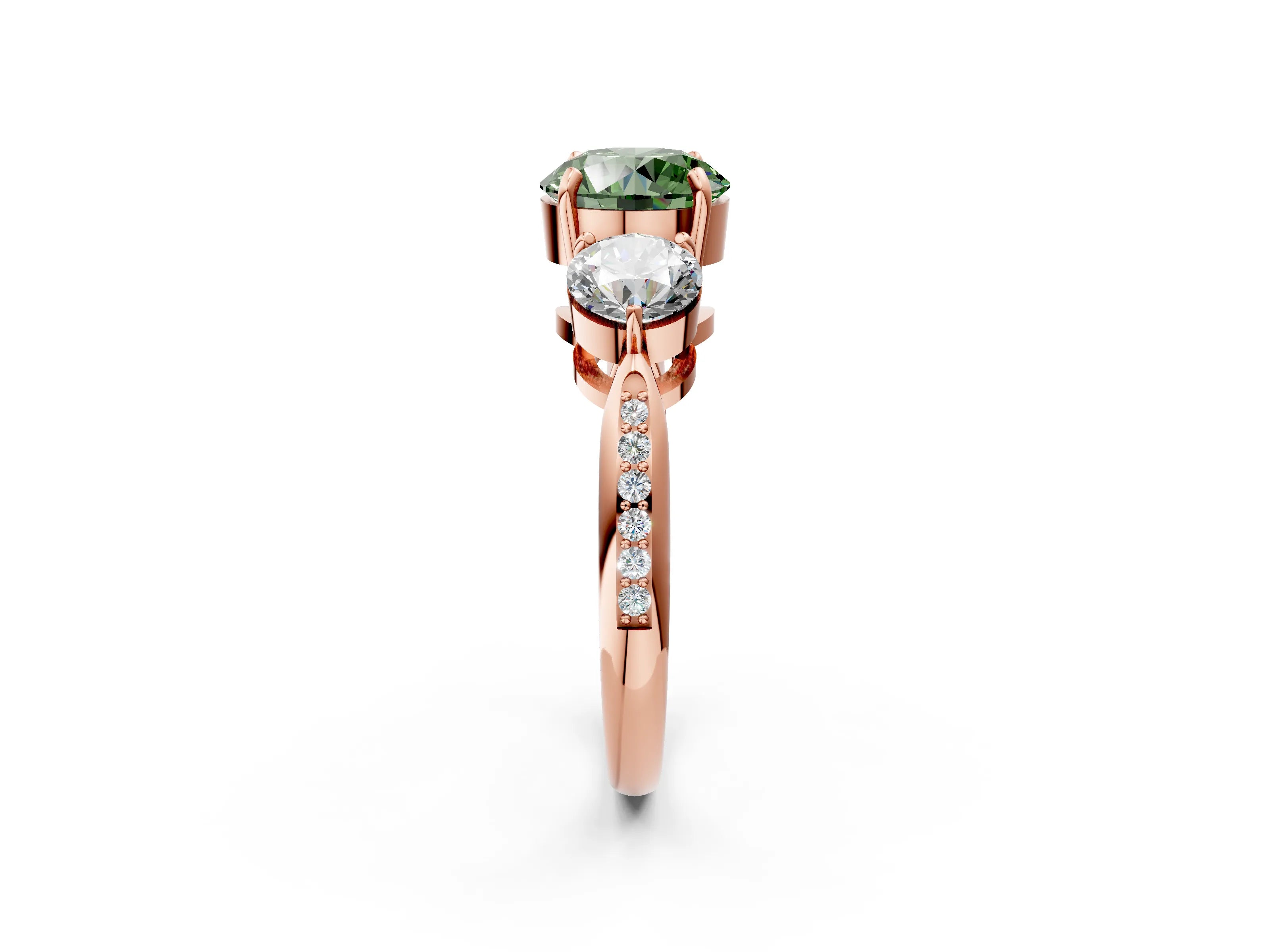 Rose gold Three-Stone Fancy Green Round Cut Diamond Channel Set Engagement Ring with Prong Setting_2