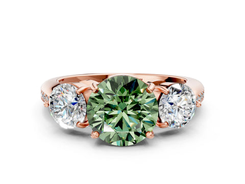 Rose gold Three-Stone Fancy Green Round Cut Diamond Channel Set Engagement Ring with Prong Setting
