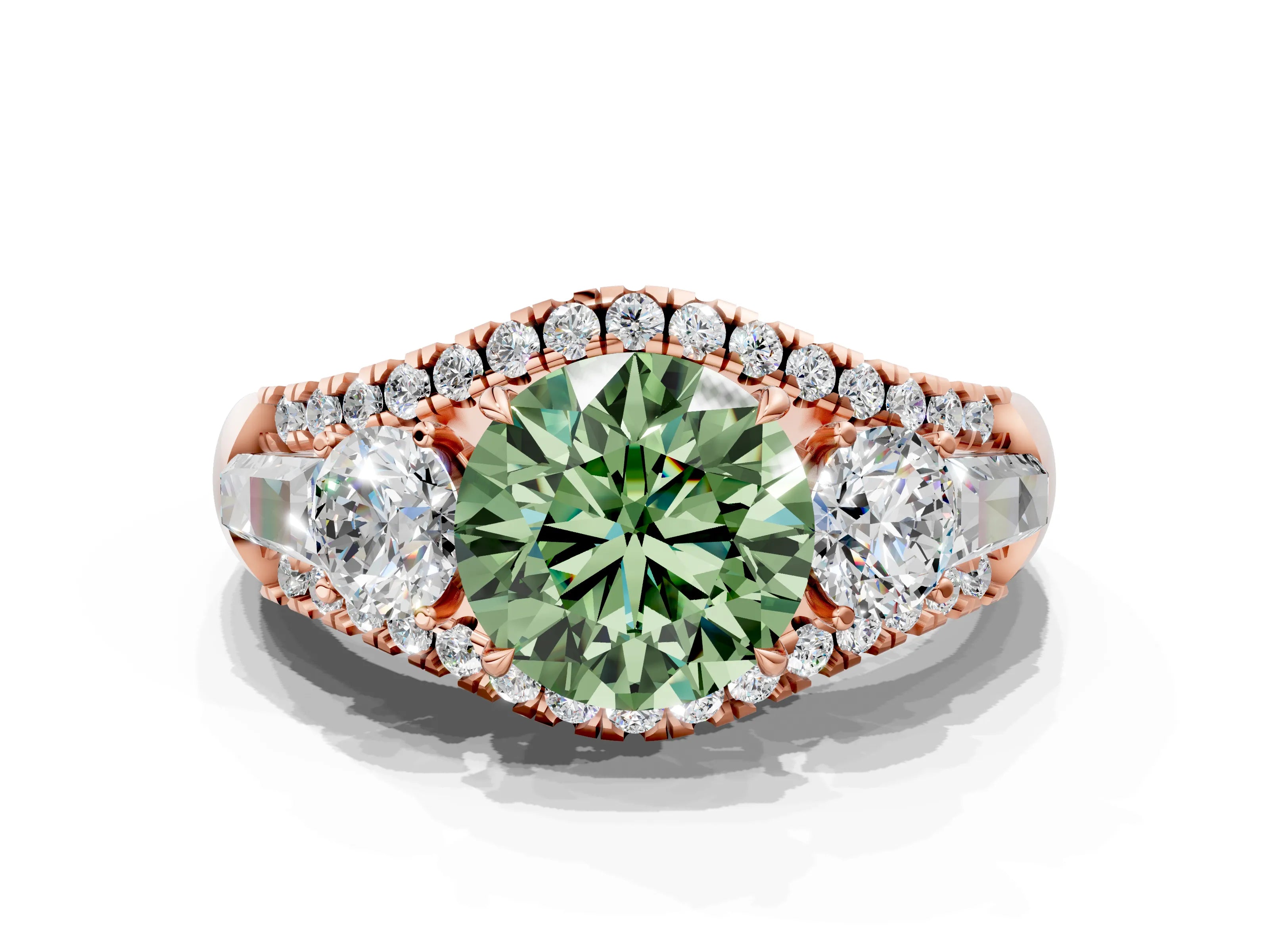 Rose gold Three-Stone Fancy Green Round Cut Diamond Engagement Ring with Pave Band and Prong Setting