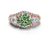 Rose gold Three-Stone Fancy Green Round Cut Diamond Engagement Ring with Pave Band and Prong Setting