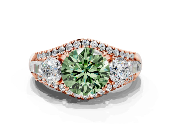 Rose gold Three-Stone Fancy Green Round Cut Diamond Engagement Ring with Pave Band and Prong Setting