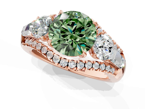 Rose gold Three-Stone Fancy Green Round Cut Diamond Engagement Ring with Pave Band and Prong Setting