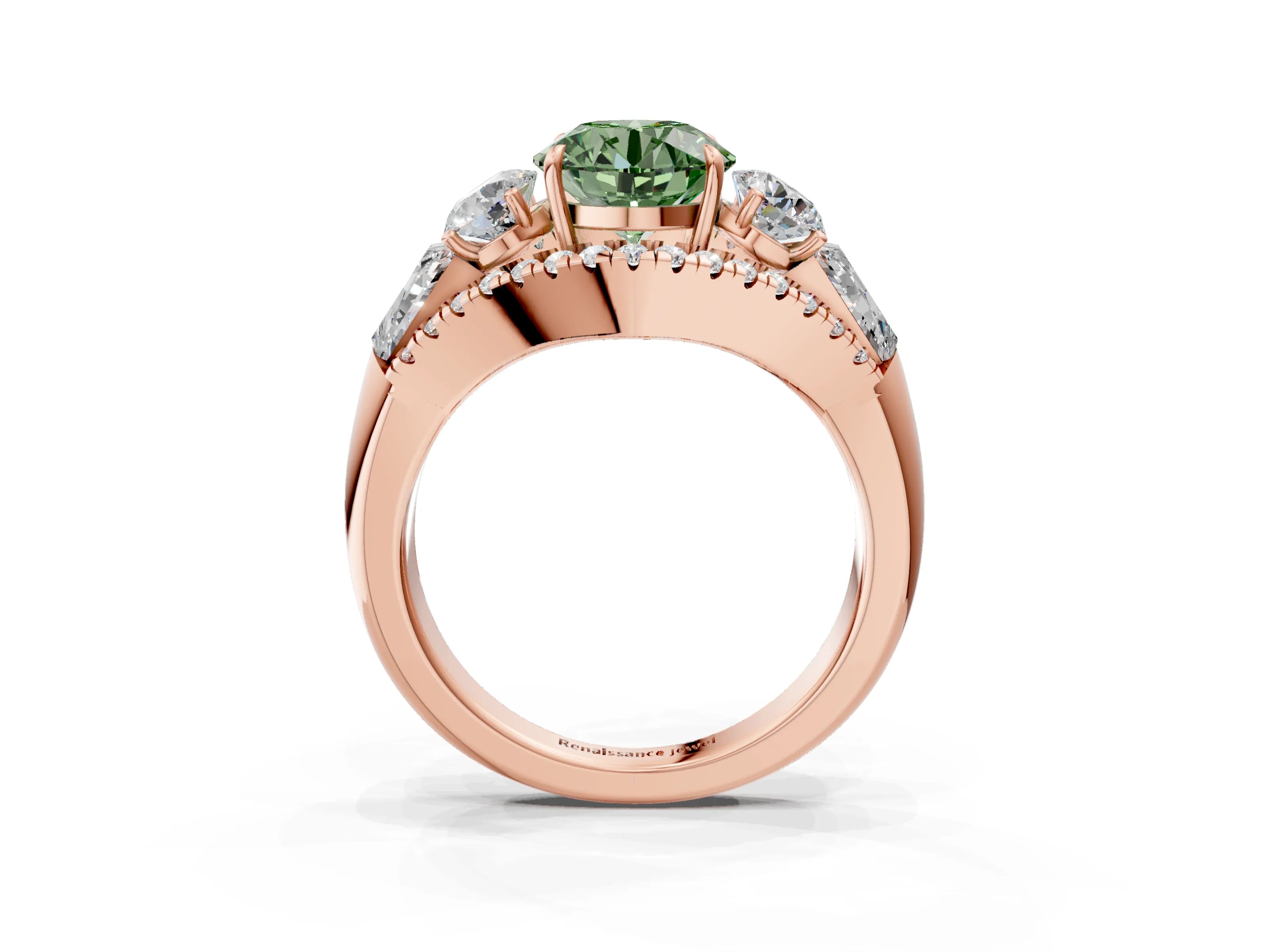 Rose gold Three-Stone Fancy Green Round Cut Diamond Engagement Ring with Pave Band and Prong Setting_3
