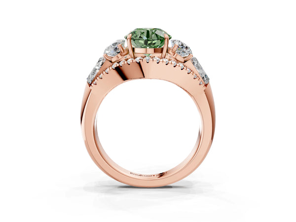 Rose gold Three-Stone Fancy Green Round Cut Diamond Engagement Ring with Pave Band and Prong Setting