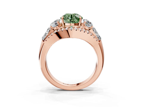 Rose gold Three-Stone Fancy Green Round Cut Diamond Engagement Ring with Pave Band and Prong Setting_3