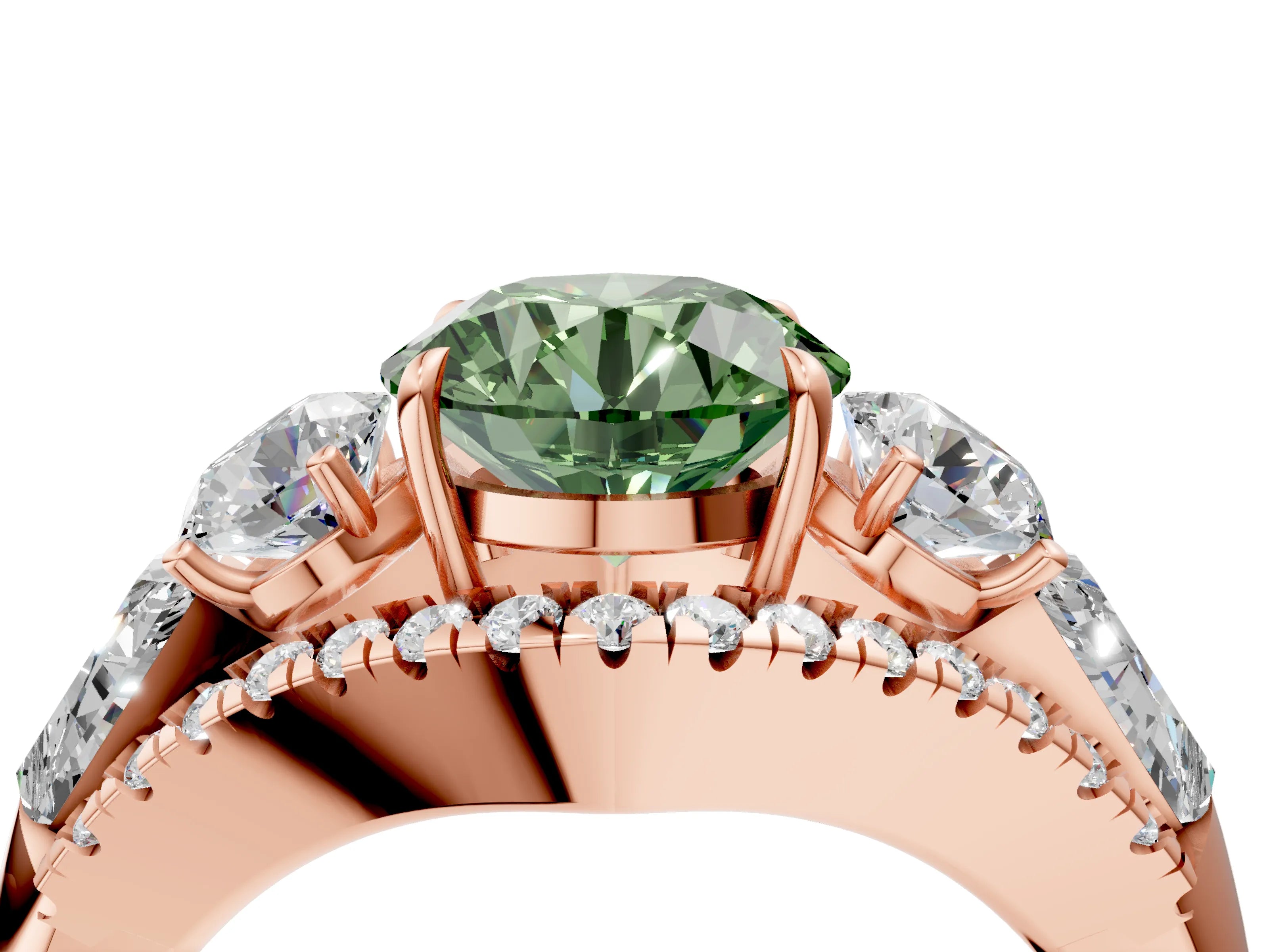 Rose gold Three-Stone Fancy Green Round Cut Diamond Engagement Ring with Pave Band and Prong Setting_4