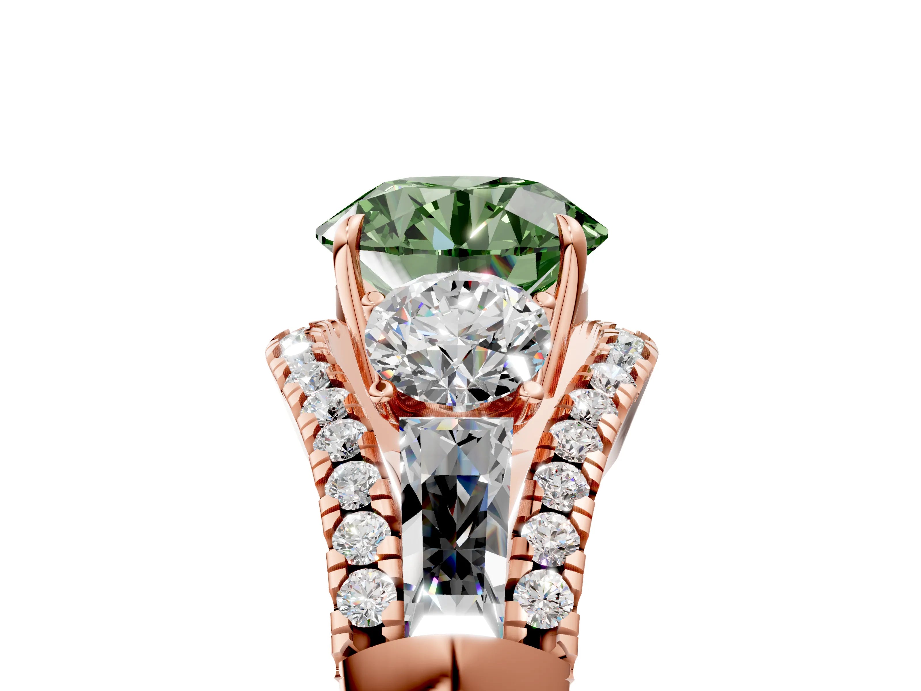 Rose gold Three-Stone Fancy Green Round Cut Diamond Engagement Ring with Pave Band and Prong Setting_5
