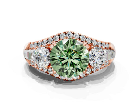 Rose gold Three-Stone Fancy Green Round Cut Diamond Engagement Ring with Pave Band and Prong Setting