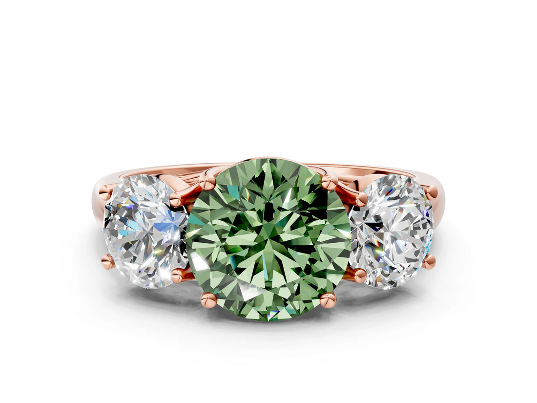 Rose gold Three-Stone Fancy Green Round Cut Diamond Engagement Ring with Prong Setting_3