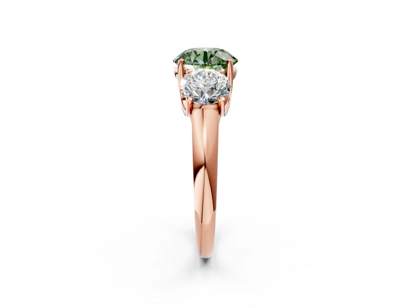 Rose gold Three-Stone Fancy Green Round Cut Diamond Engagement Ring with Prong Setting