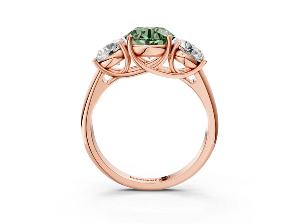 Rose gold Three-Stone Fancy Green Round Cut Diamond Engagement Ring with Prong Setting