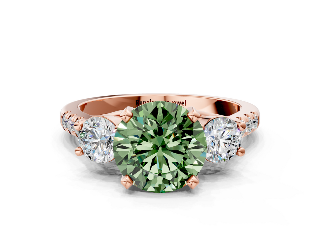Rose gold Three-Stone Fancy Green Round  Cut Diamond Pavé Band with Four-Prong Setting_28