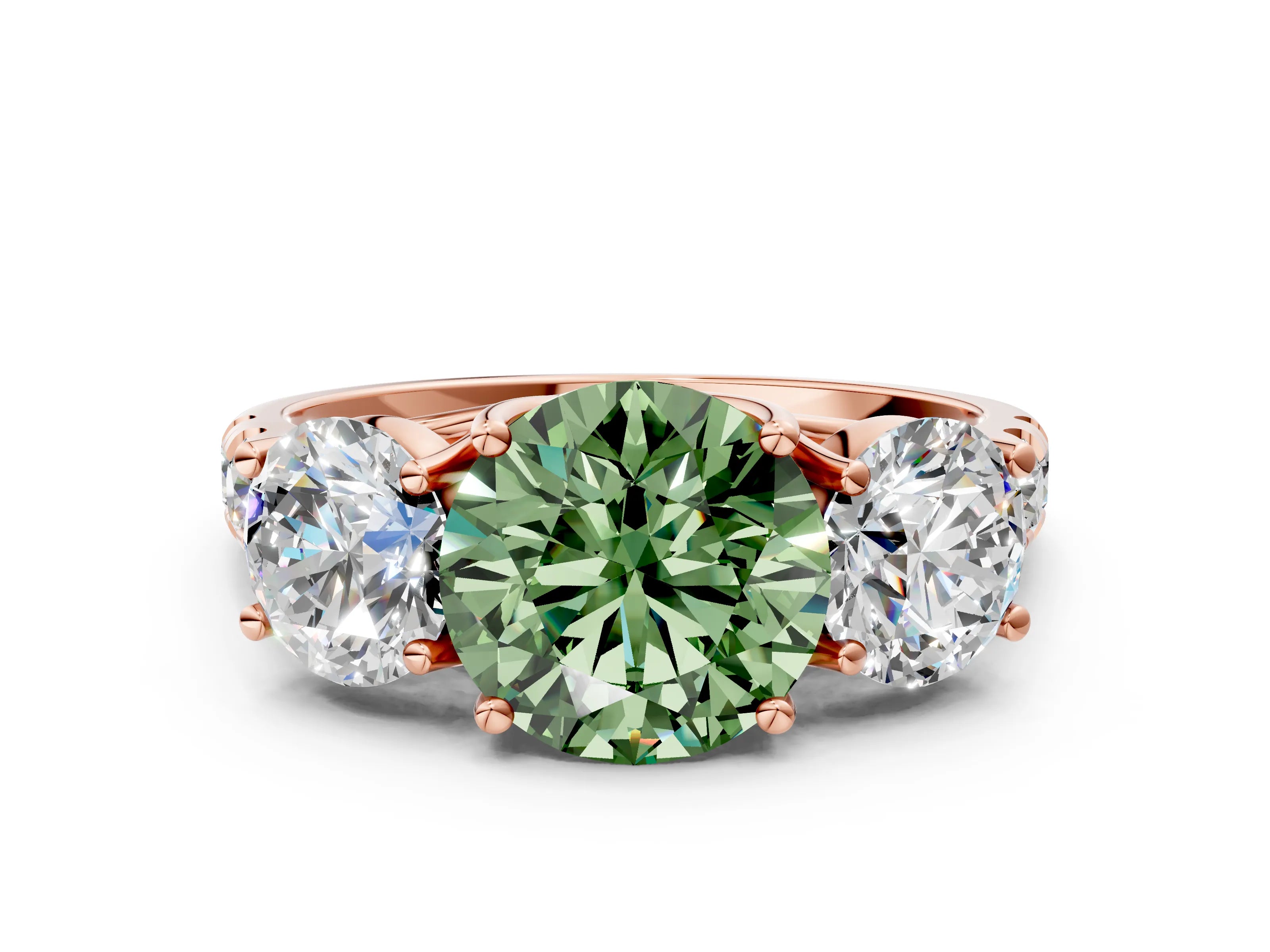 Rose gold Three-Stone Fancy Green Round Cut Diamond Pavé Band with Prong Setting