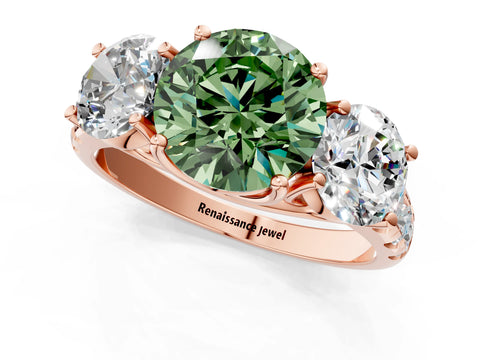 Rose gold Three-Stone Fancy Green Round Cut Diamond Pavé Band with Prong Setting_1