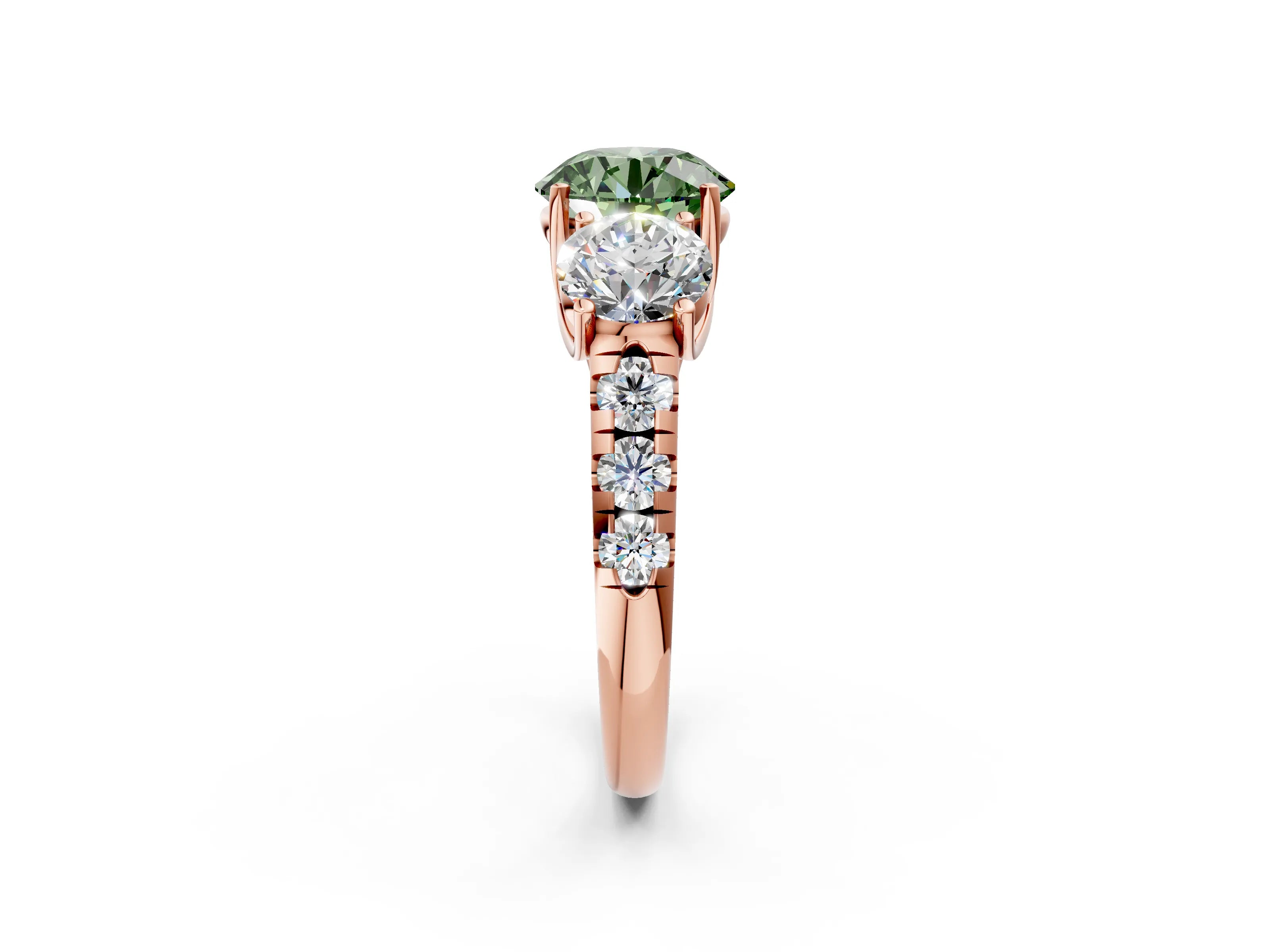 Rose gold Three-Stone Fancy Green Round Cut Diamond Pavé Band with Prong Setting_2