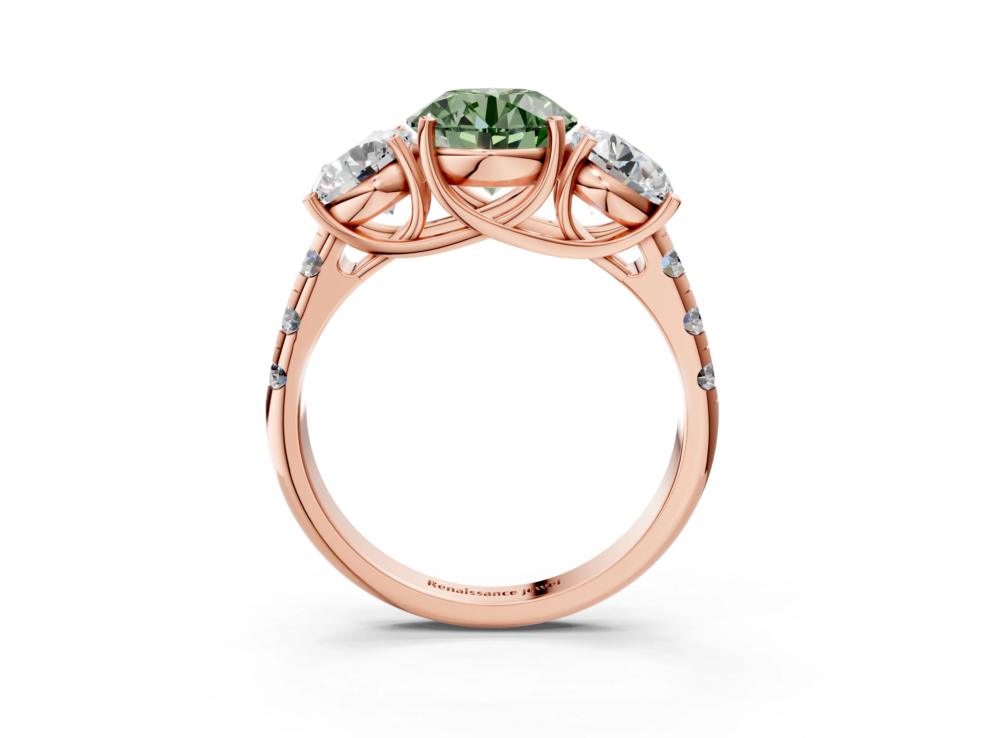 Rose gold Three-Stone Fancy Green Round Cut Diamond Pavé Band with Prong Setting_3