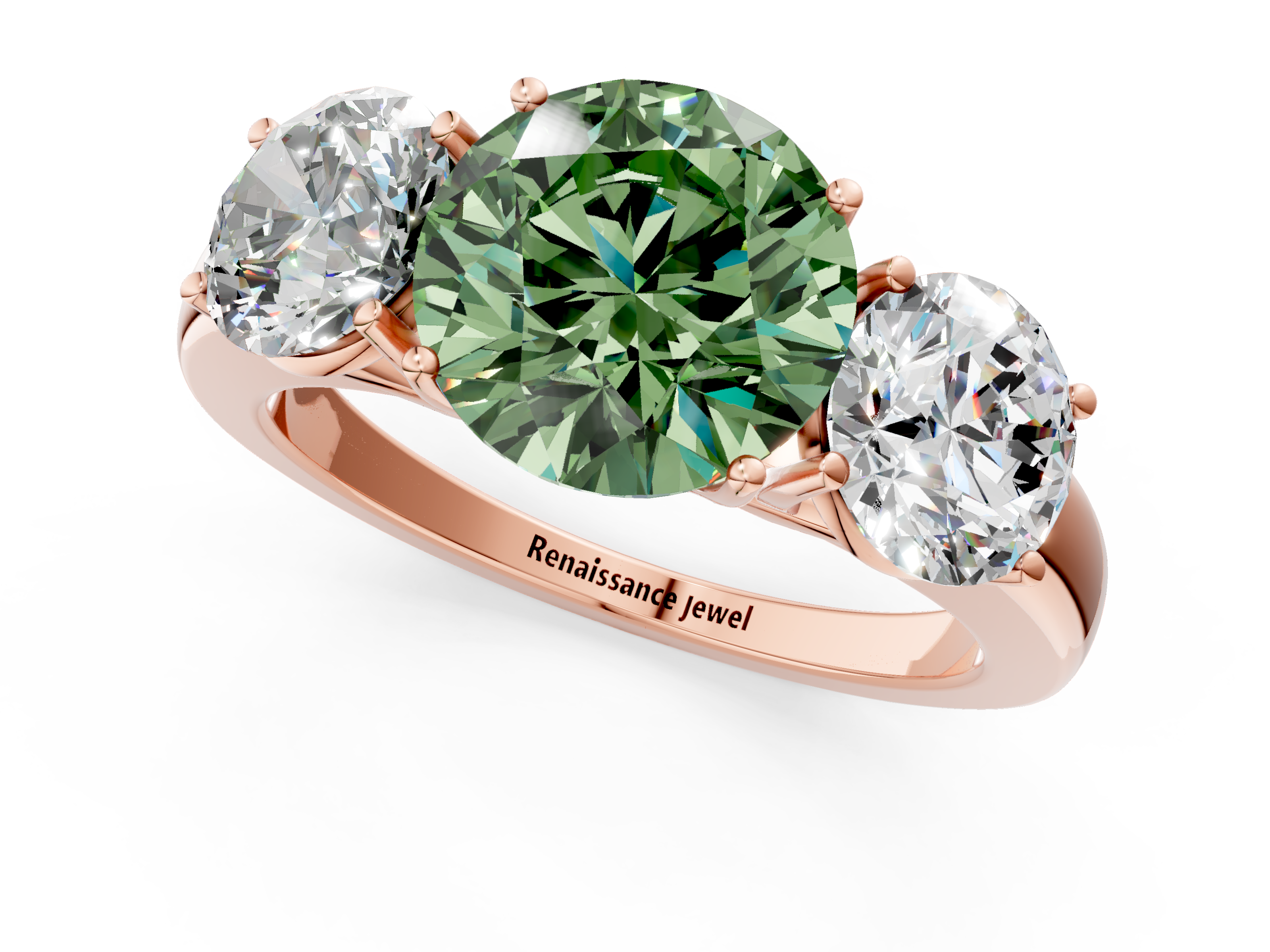 Rose gold Three-Stone Fancy Green Round  Cut Diamond Ring with Channel-Set Band and Four-Prong Setting_113
